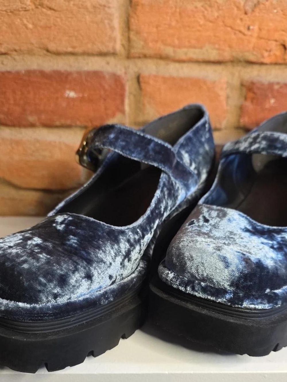 Crushed Velvet Mary Jane Platform Shoes - Navy